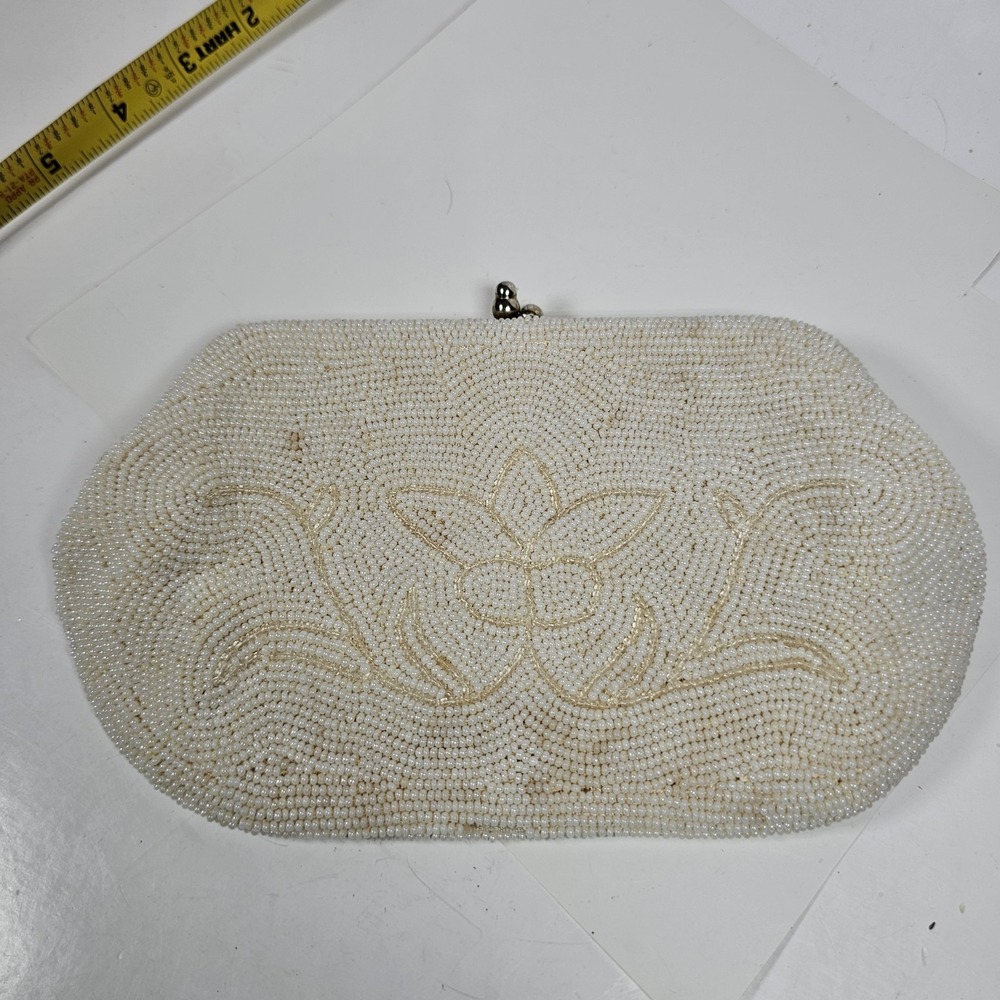 Vintage Japan Ivory White Beaded Evening Bag Purse Kiss Lock Beaded Strap